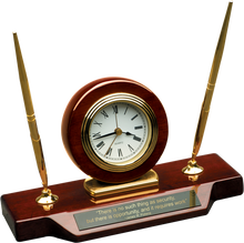 Load image into Gallery viewer, Rosewood Piano Finish Desk Clock on Base with 2 Pens